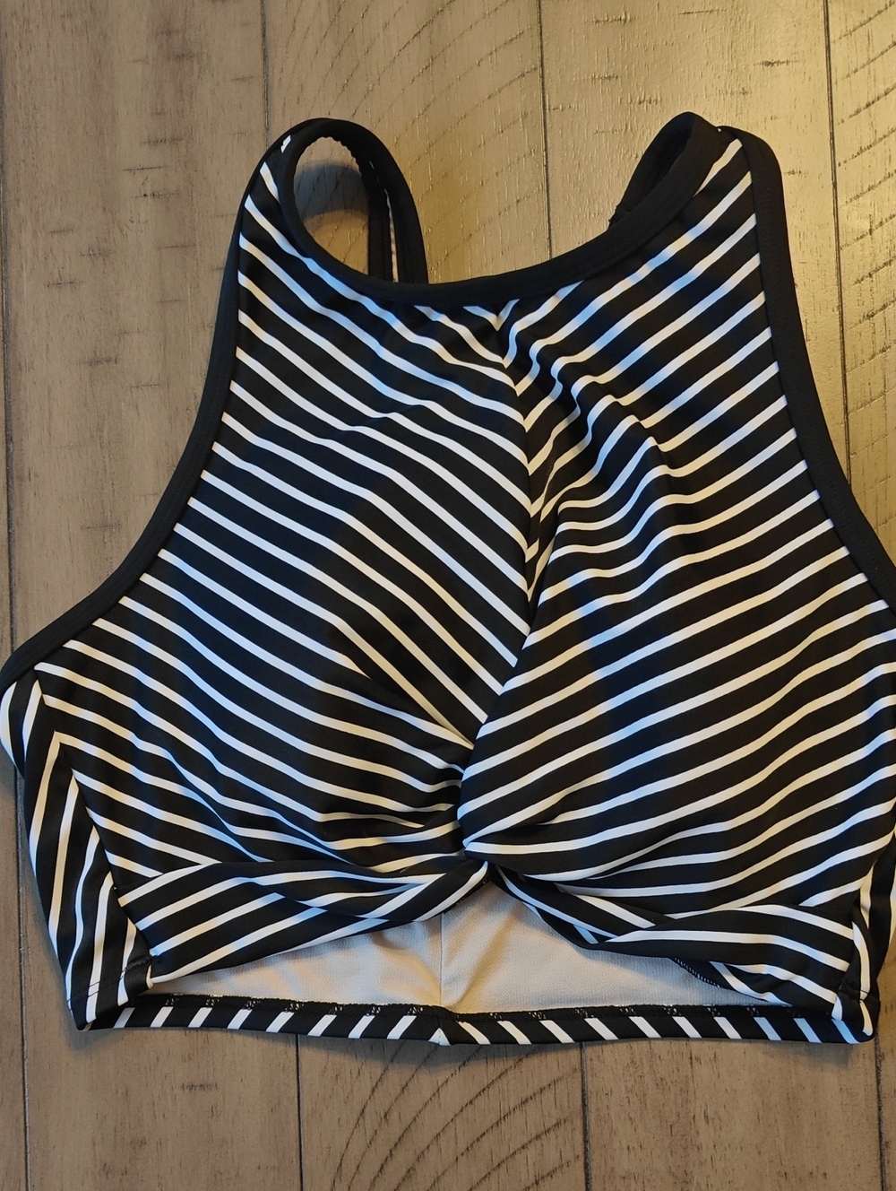 Kona Sol Black and White Striped High Neck Bikini Top